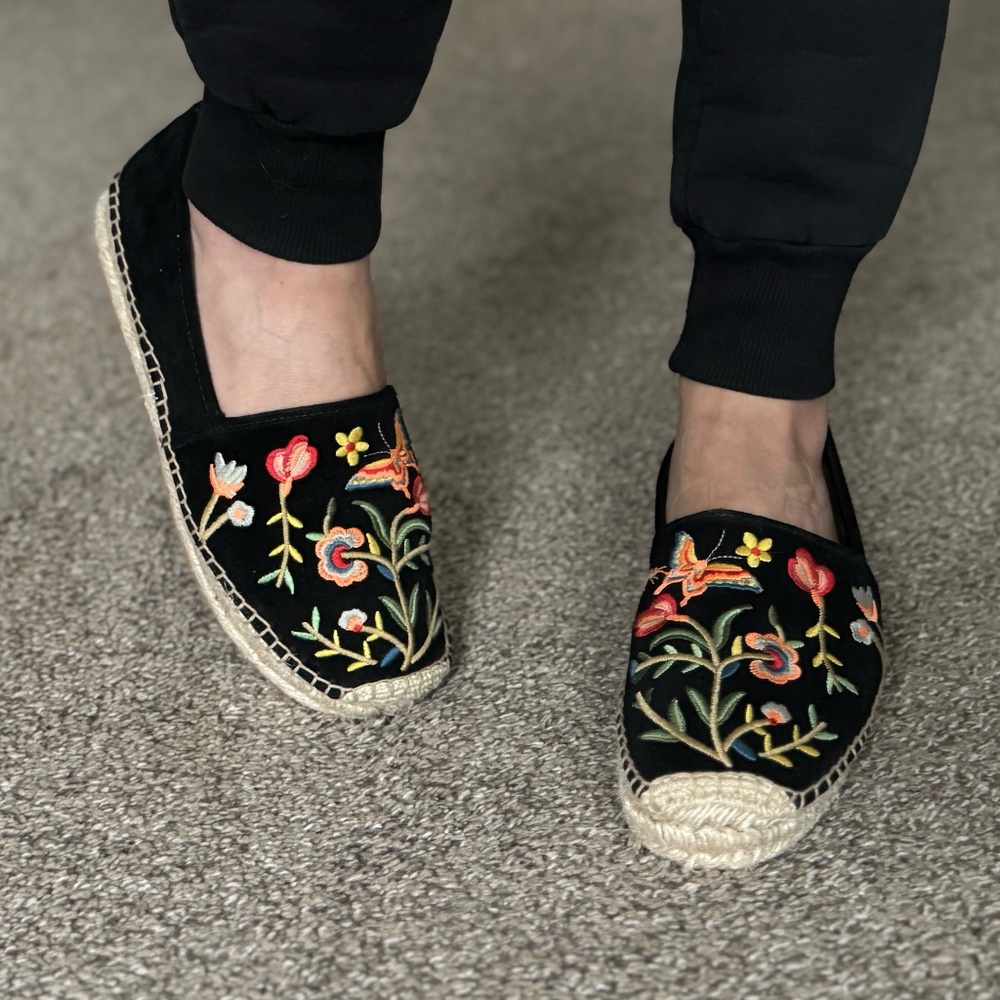 black suede Johnny Was embroidered espadrille slip-ons